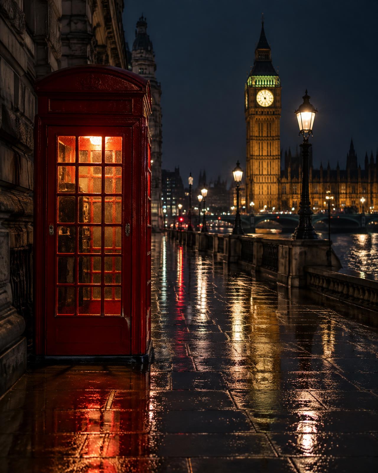 A red telephone box at night in London